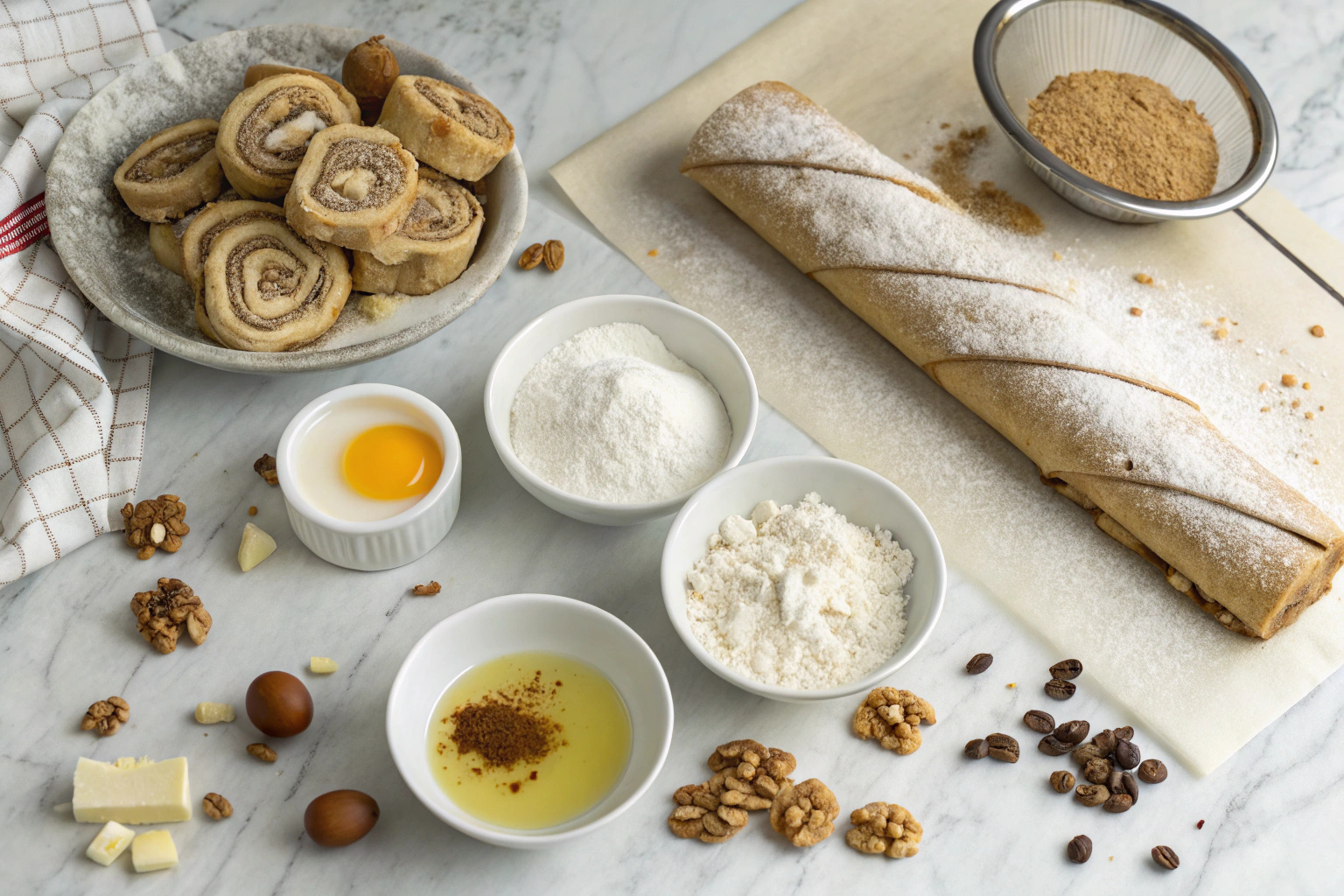 Italian Nut Roll Cookies ingredients: flour, butter, nuts, and spices