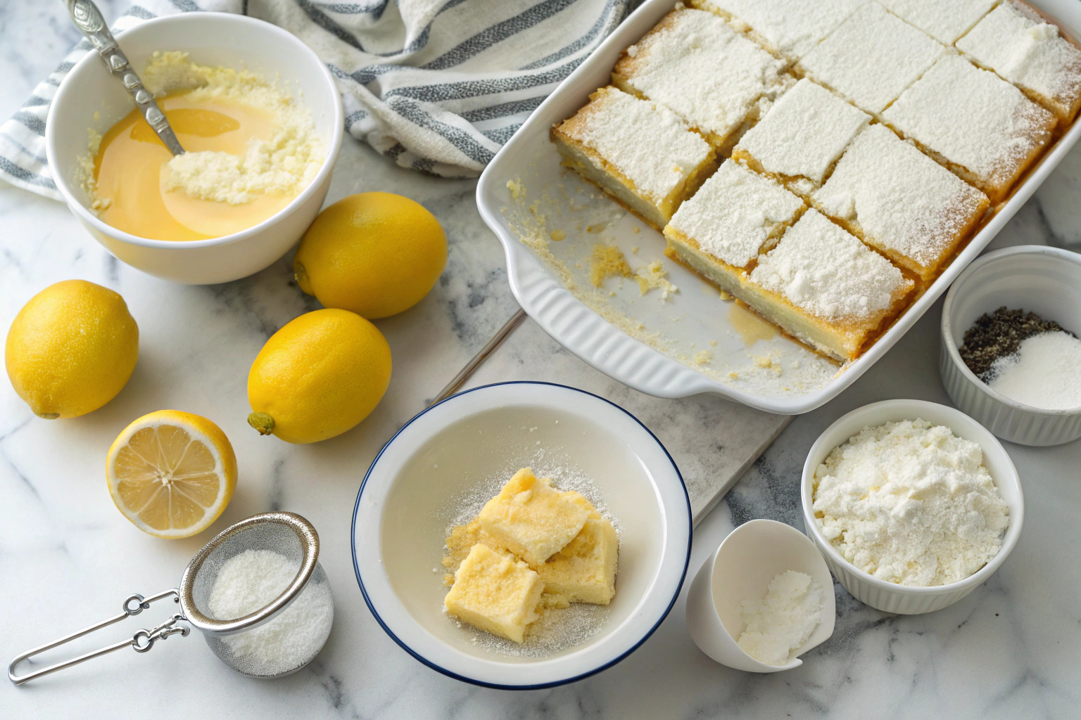 Lazy Day Lemon Cream Pie Bars ingredients laid out on a rustic table