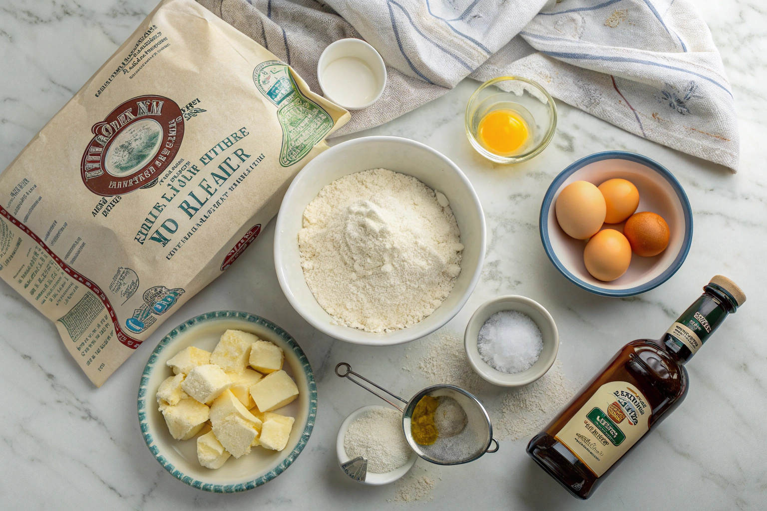No-Knead Donuts ingredients laid out on a rustic table