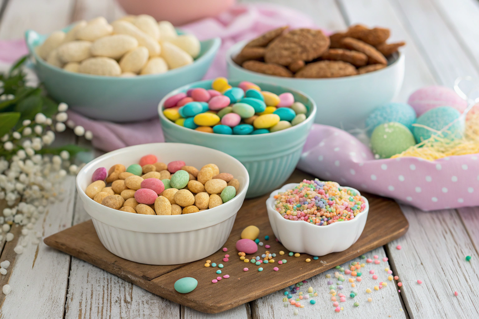 Ingredients for Homemade Easter Candy: peanuts, candy coating, M&Ms, and sprinkles